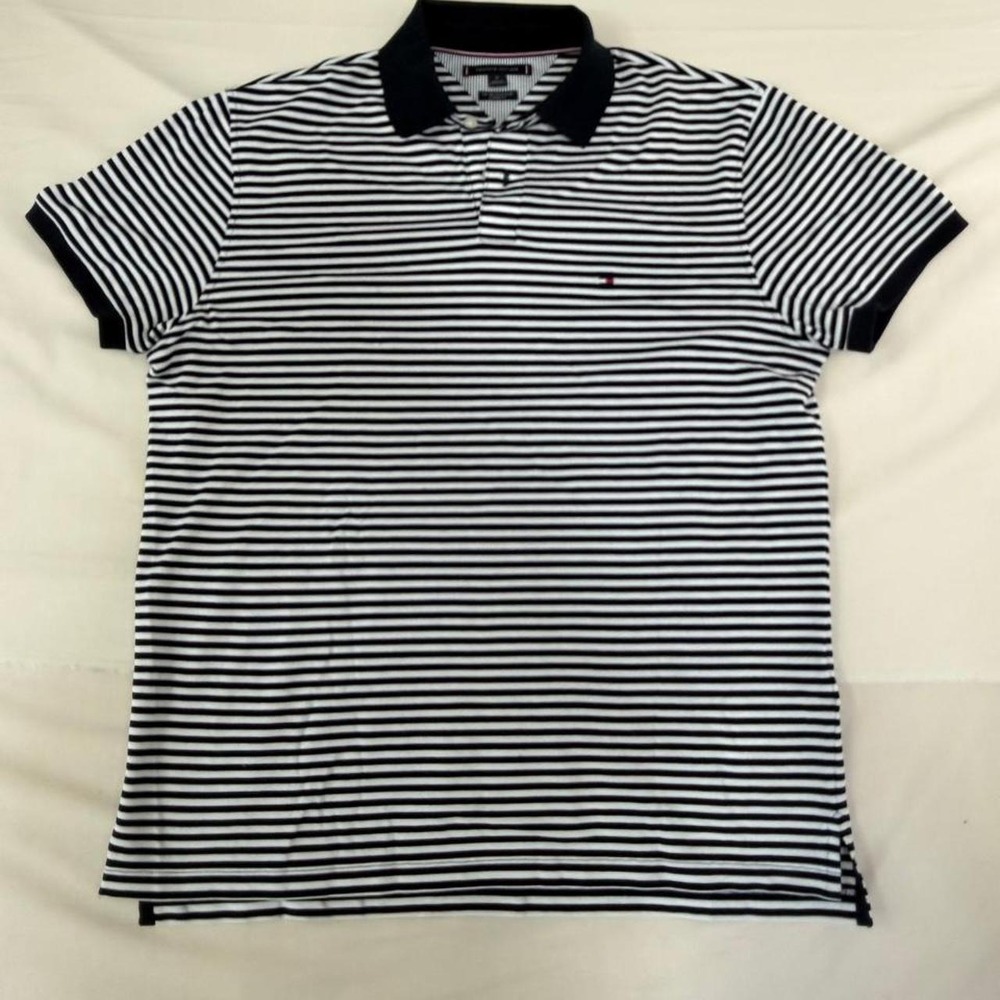 Tommy Hilfiger navy & white striped polo shirt in men's size Medium